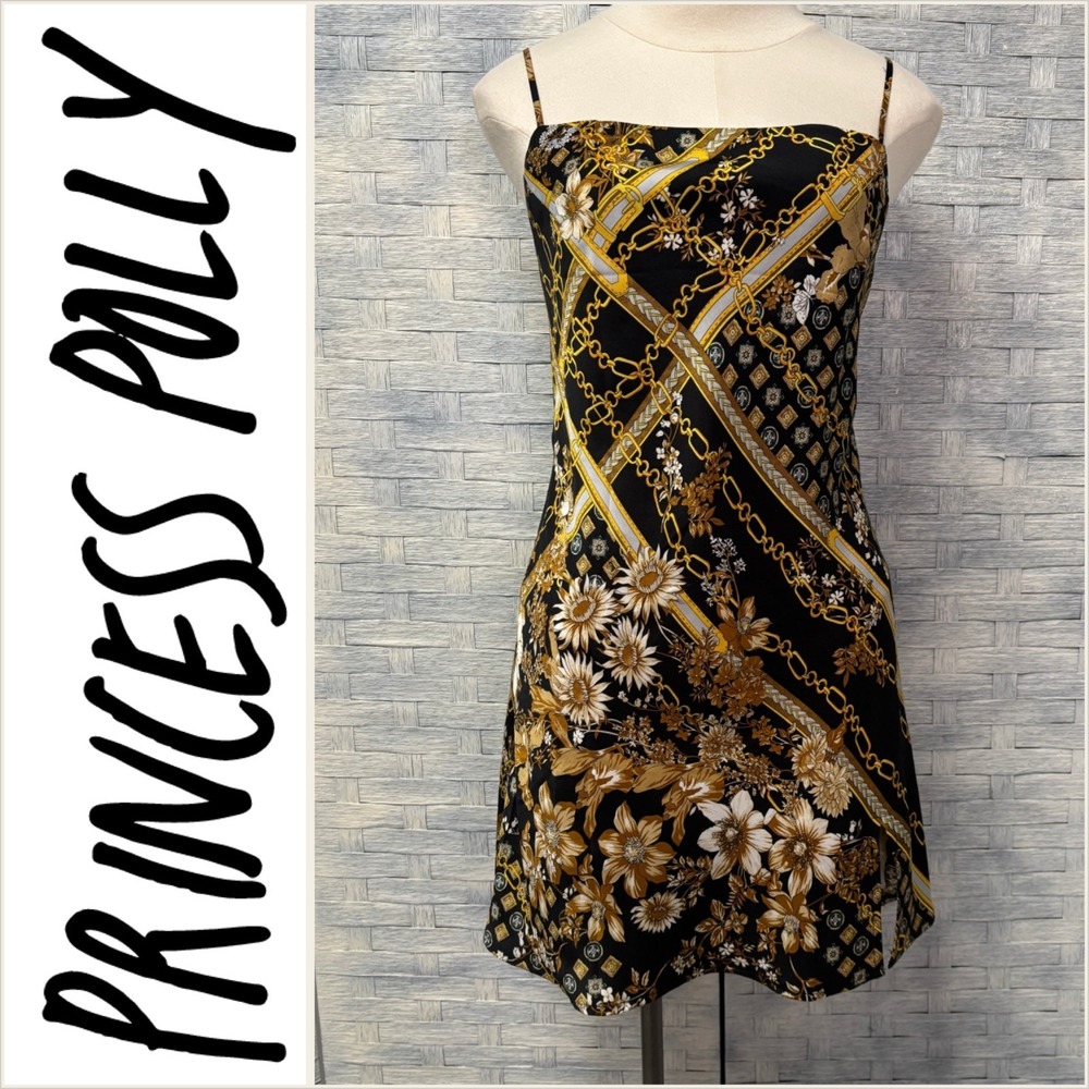 Princess Polly‎ Small Black Gold Chain Floral Slip Mini Spaghetti Strap